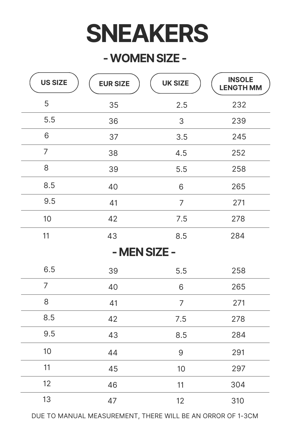 Sneakers size chart - Evangelion Merch