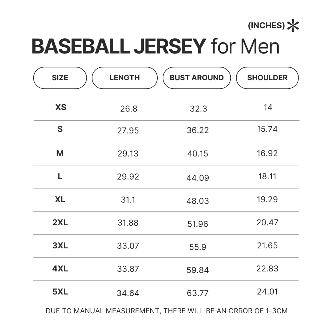 Men Baseball Jersey Size Chart - Berserk Merchandise Store